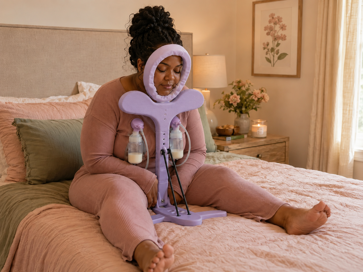 Mom sitting on a bed getting comfortable before using TiltMilk