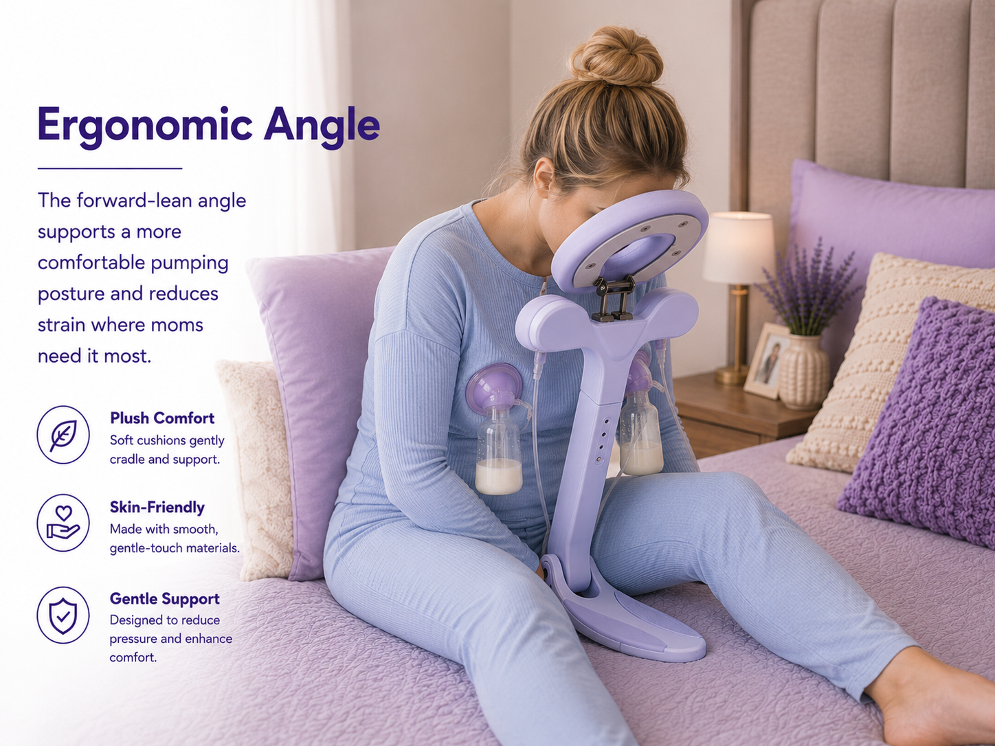 Mom resting comfortably while pumping with TiltMilk, showing tilt angle detail